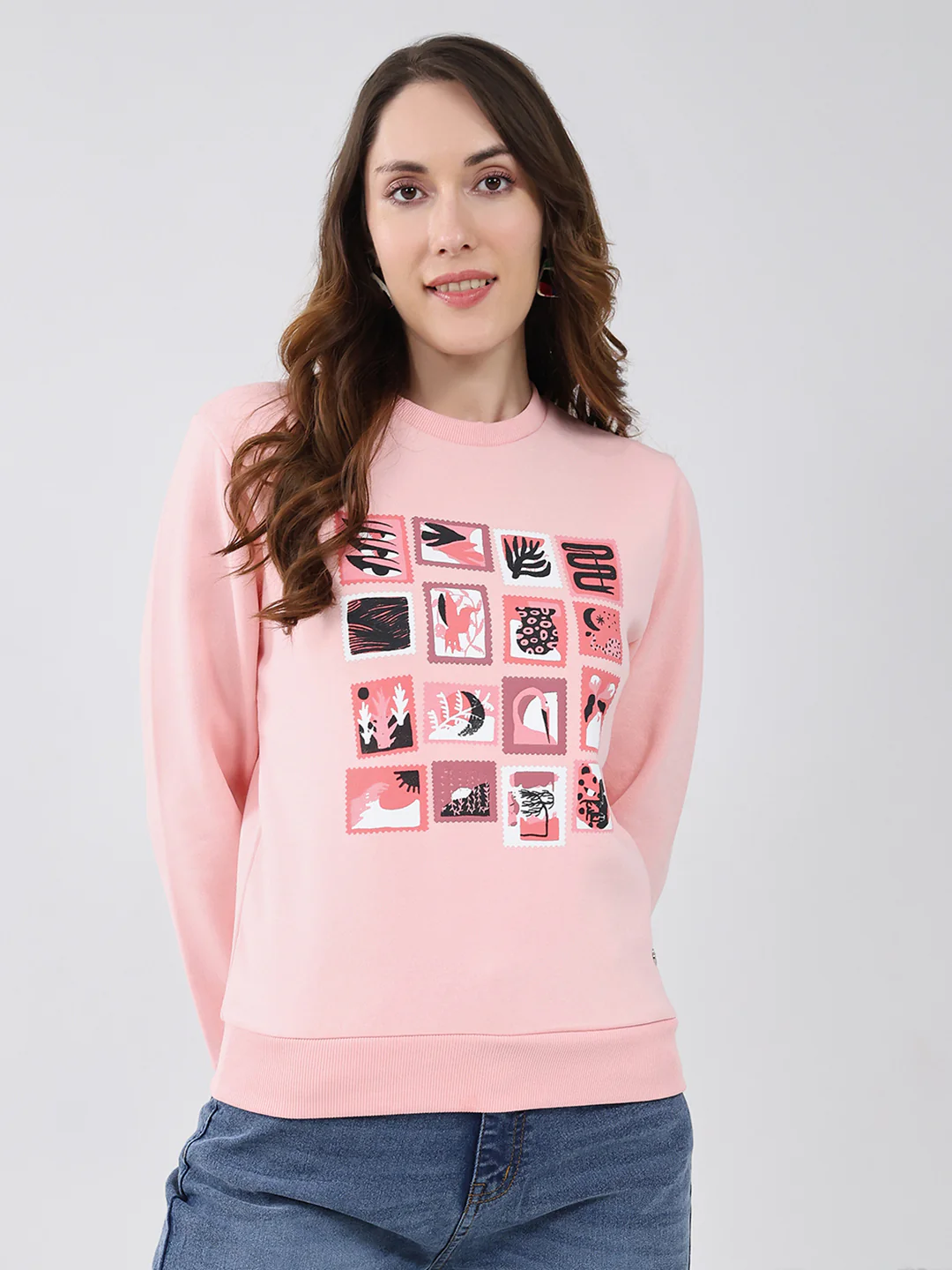 Women Pink Printed Round Neck Full Sleeve Sweatshirt