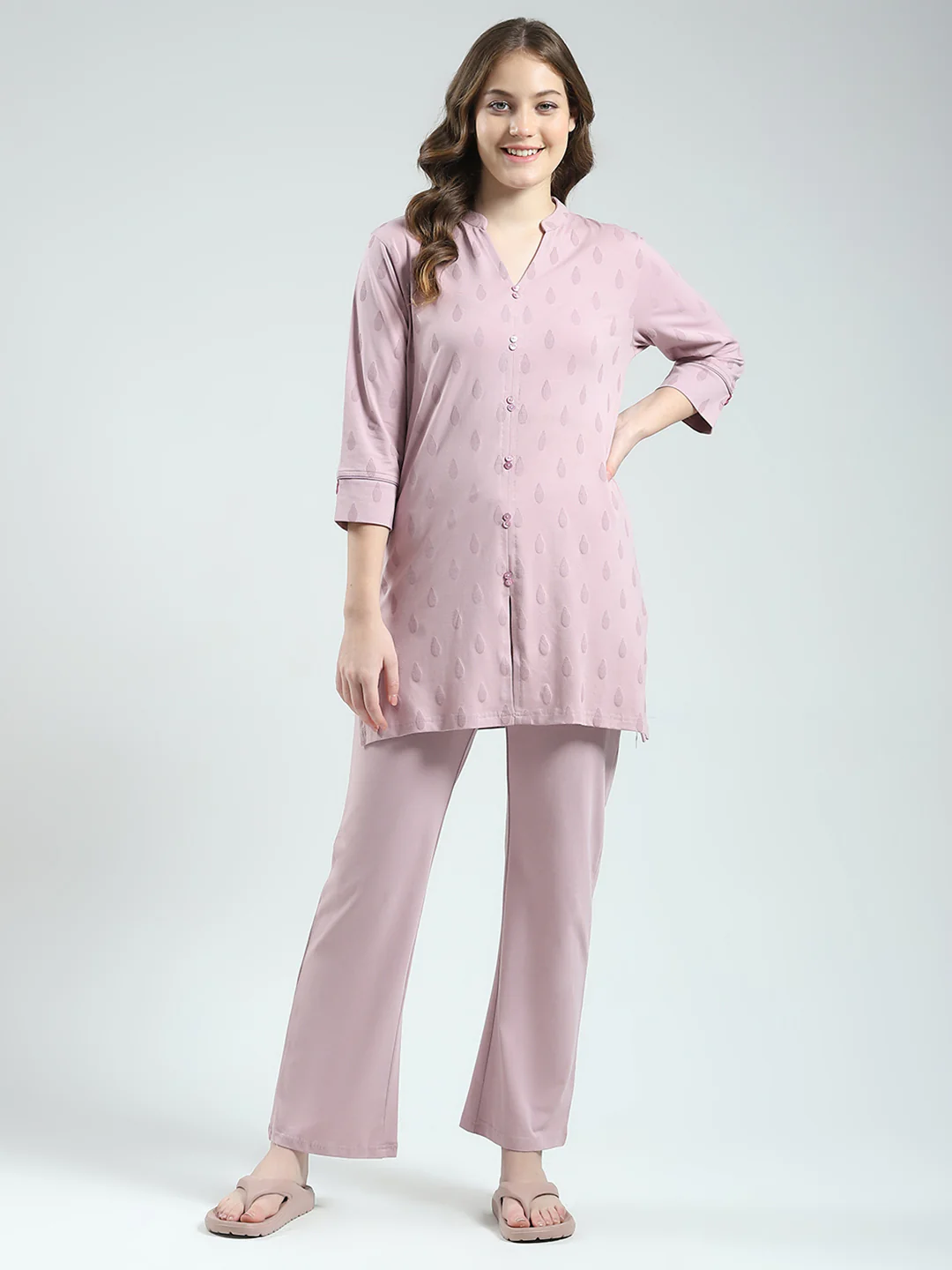 Women Pink Printed Round Neck 3/4th Sleeve Lower Set