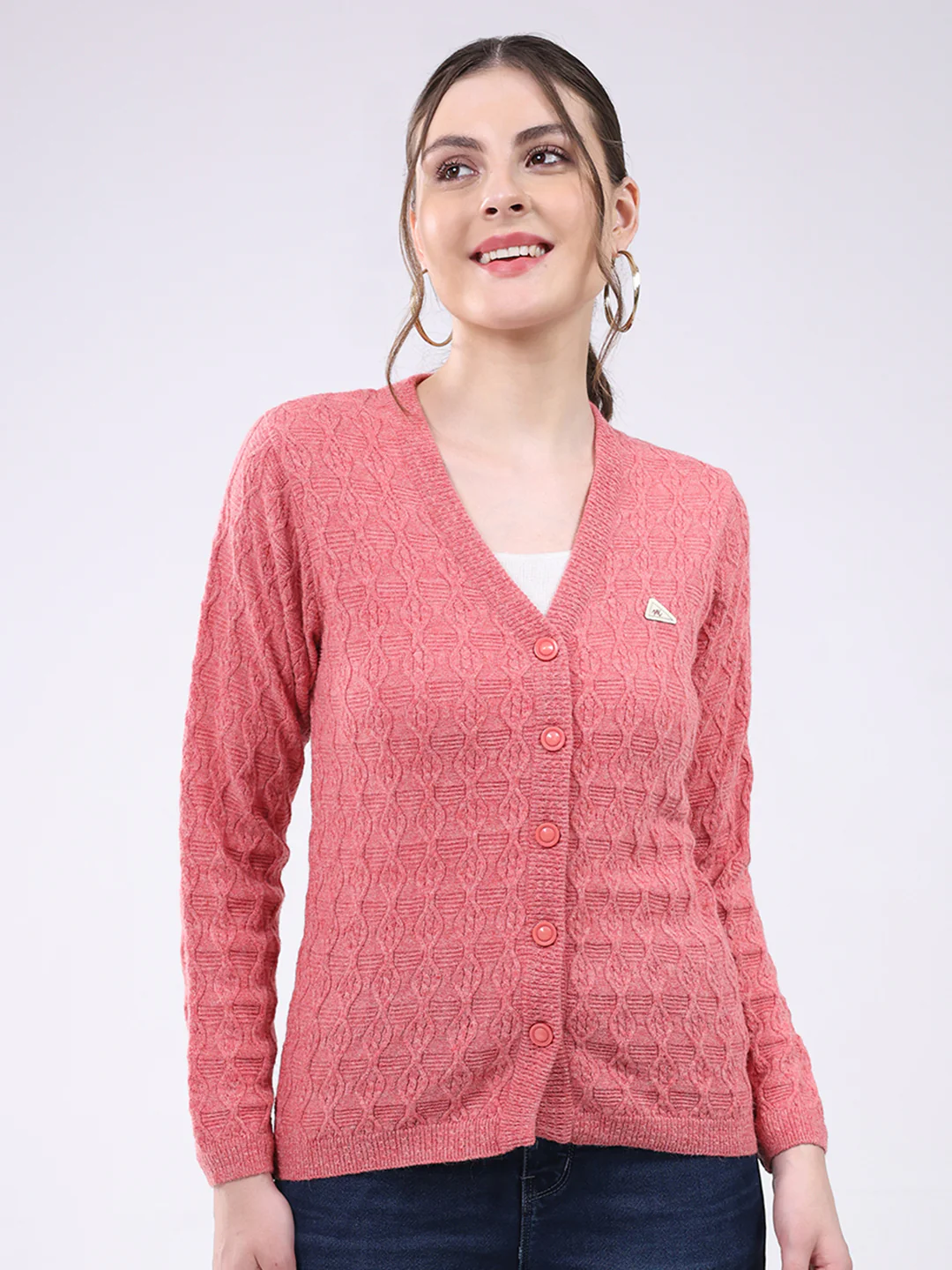 Women Pink Self Design V Neck Full Sleeve Cardigan