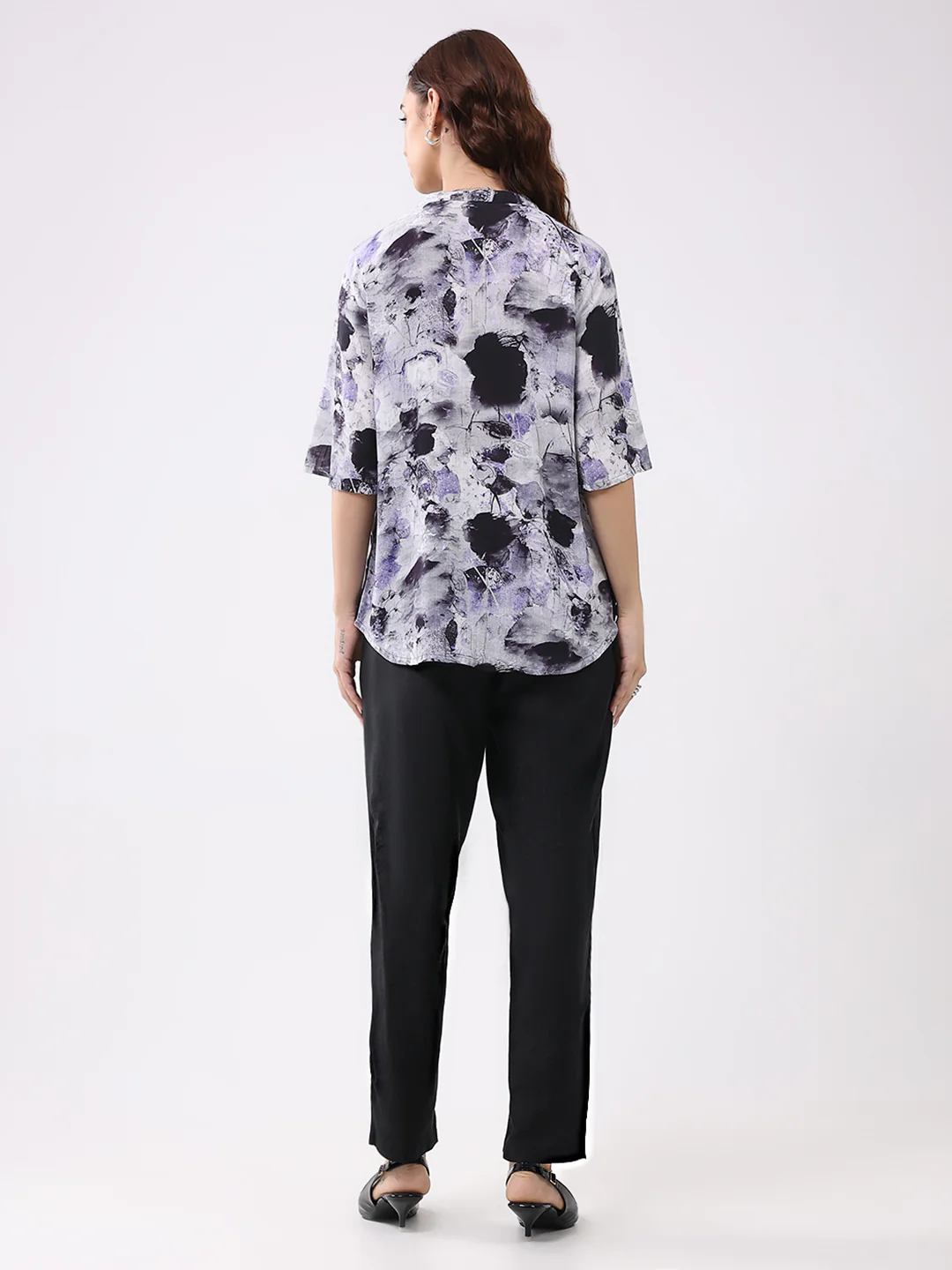 Women Purple Printed Band Neck 3/4th Sleeve Cords Set - Image 5