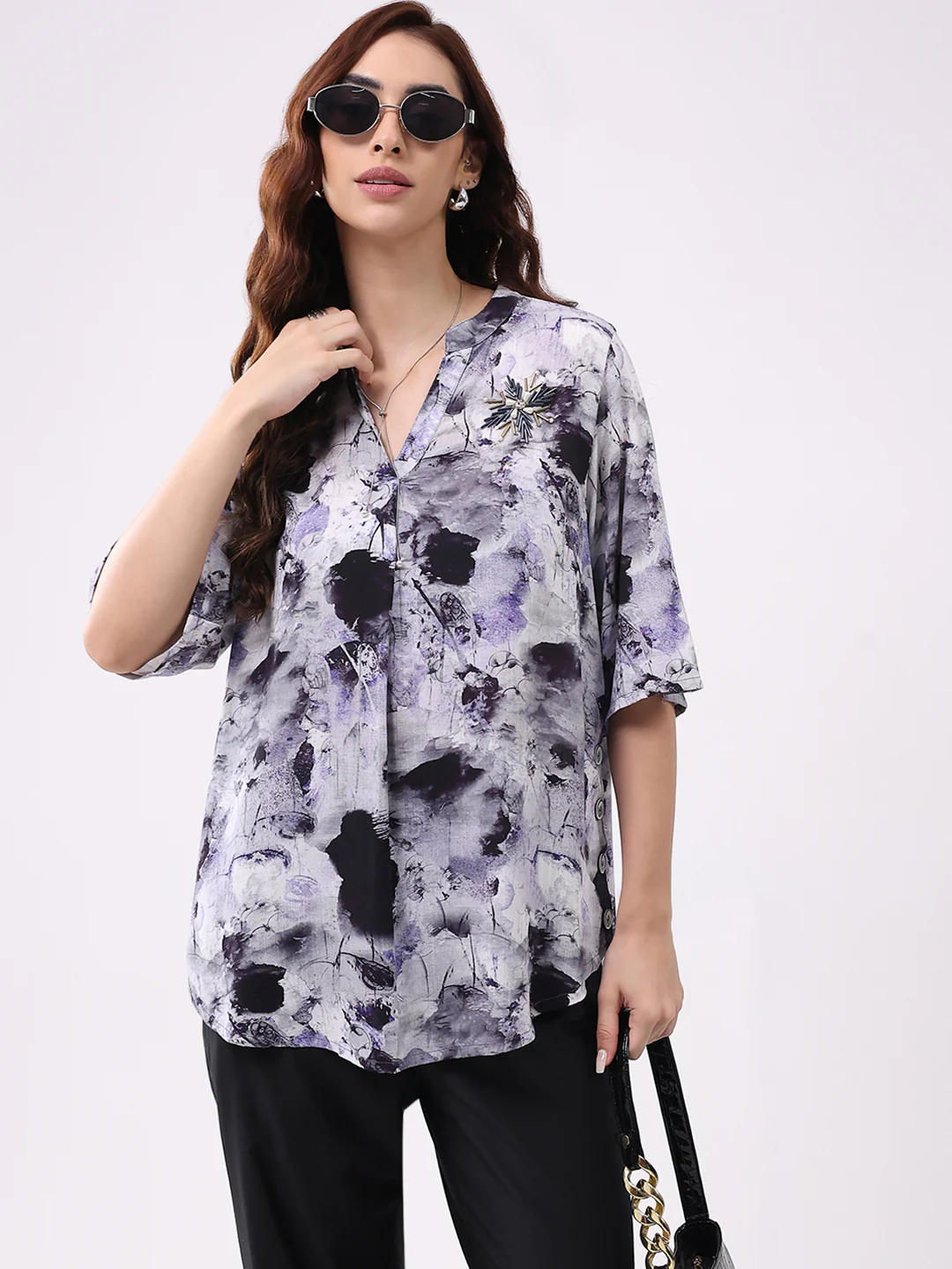 Women Purple Printed Band Neck 3/4th Sleeve Cords Set - Image 6