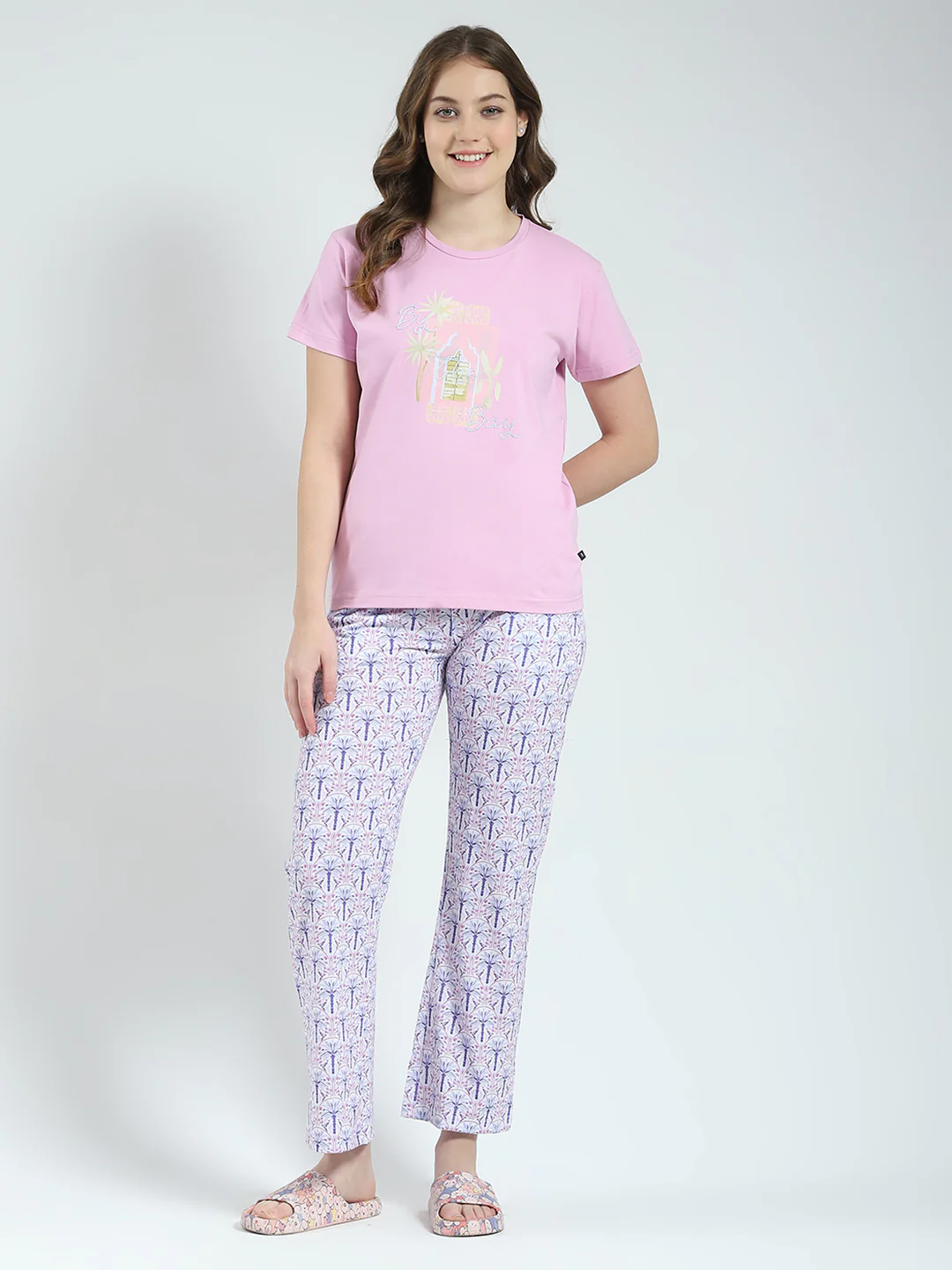 Women Purple Printed Round Neck Half Sleeve Lower Set