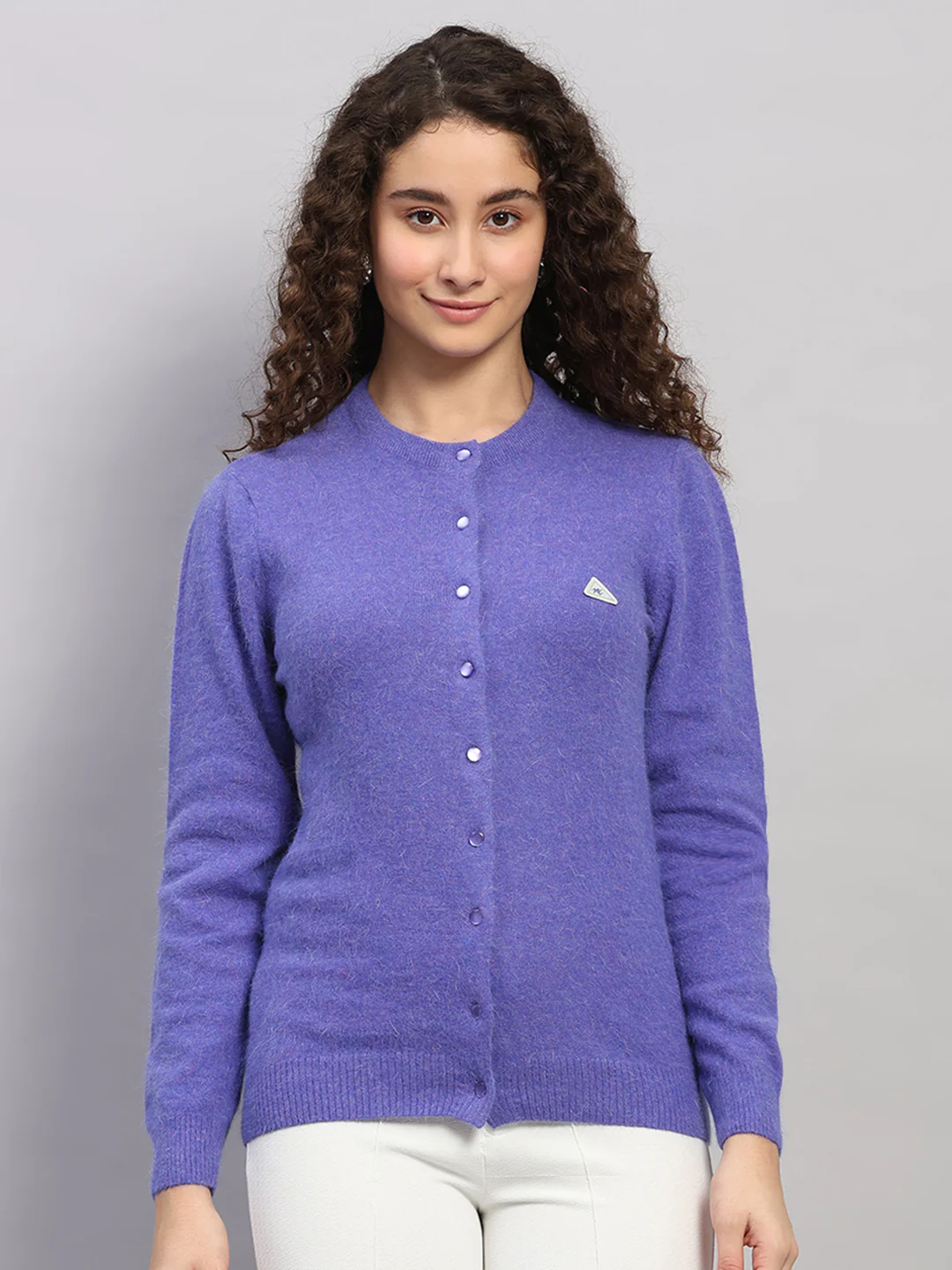 Women Purple Solid Round Neck Full Sleeve Cardigan