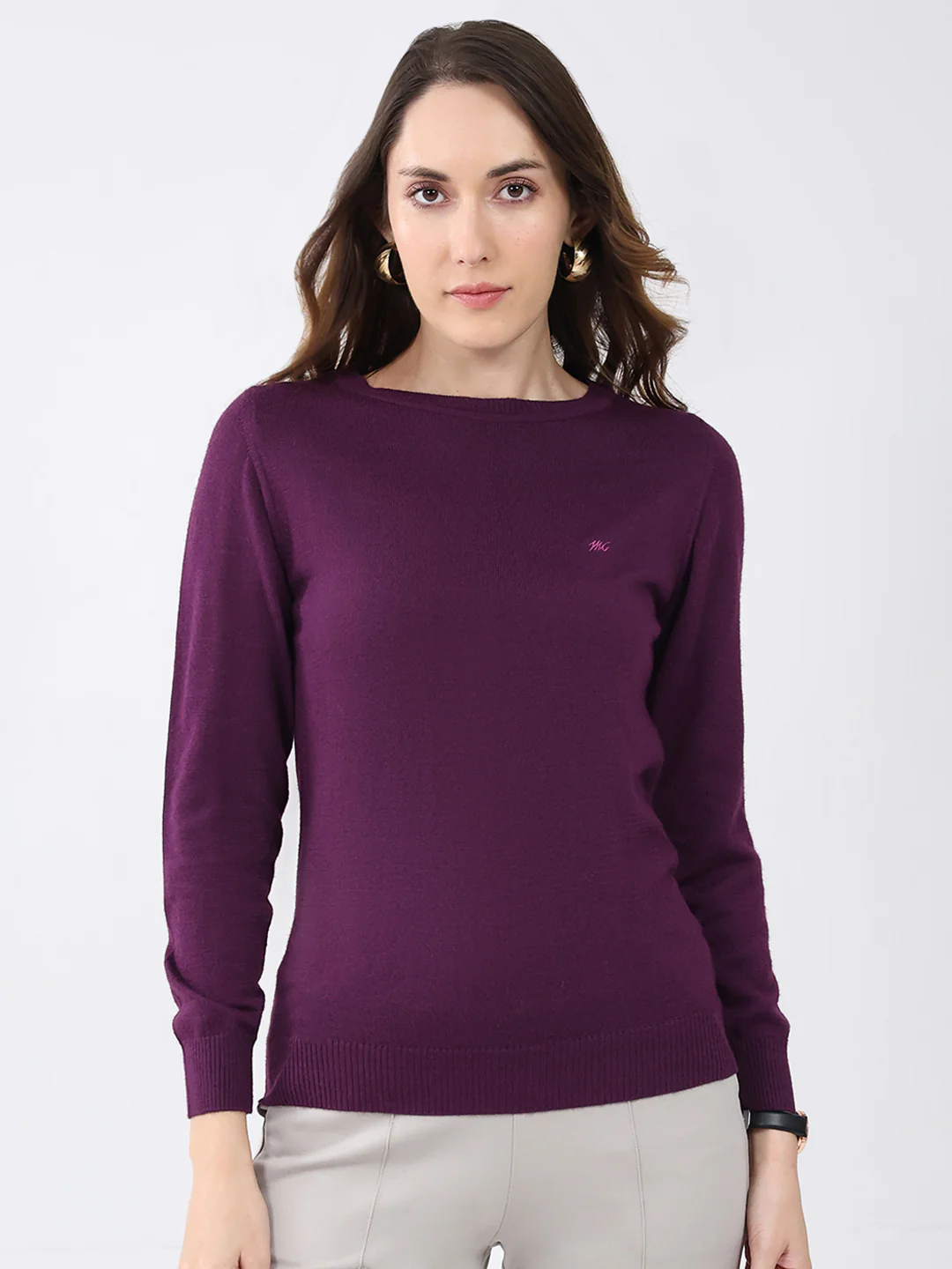 Women Purple Solid Round Neck Full Sleeve Winter Top