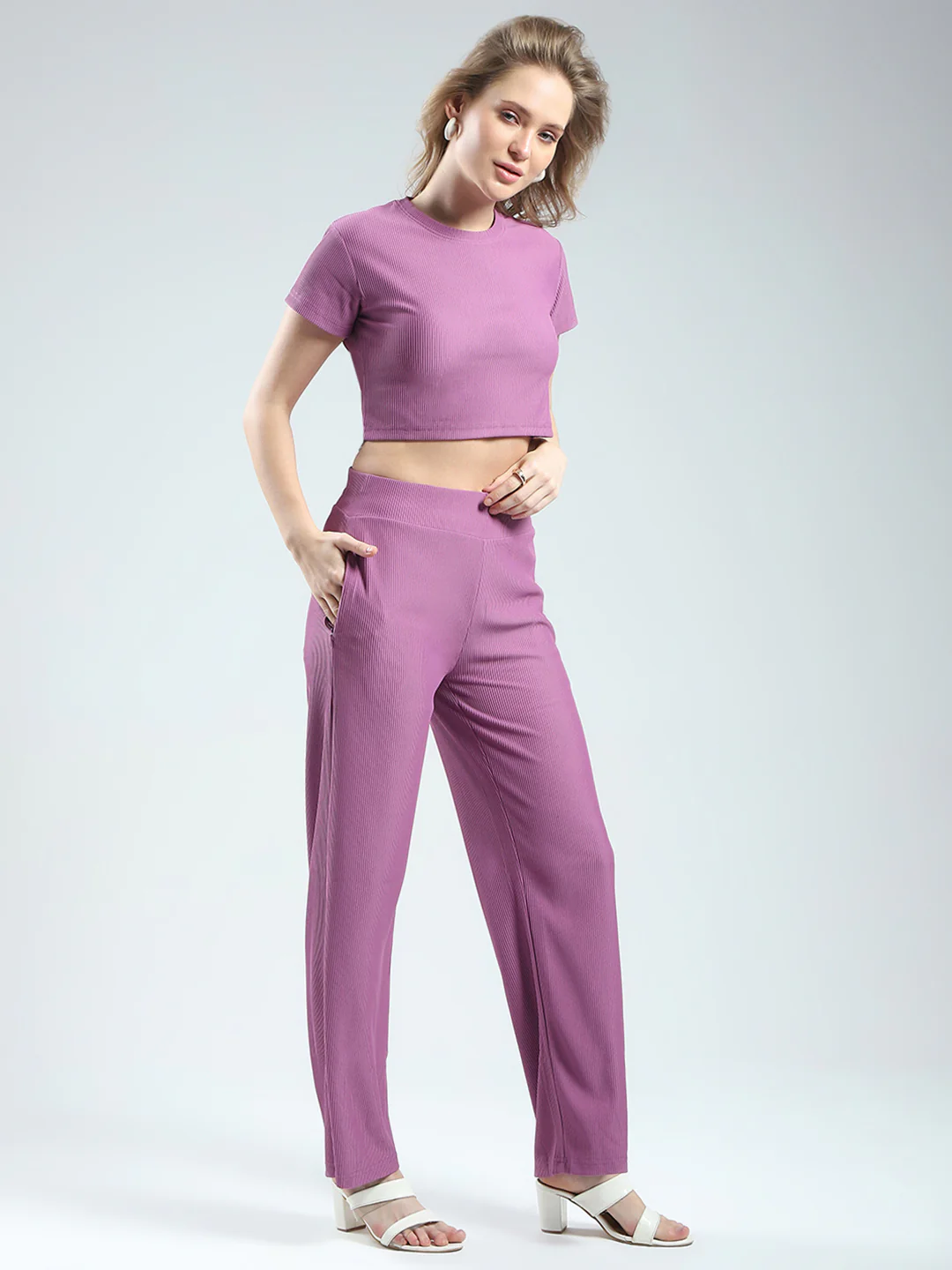 Rock.it Women Purple Solid Round Neck Half Sleeve Cords Set - Image 2