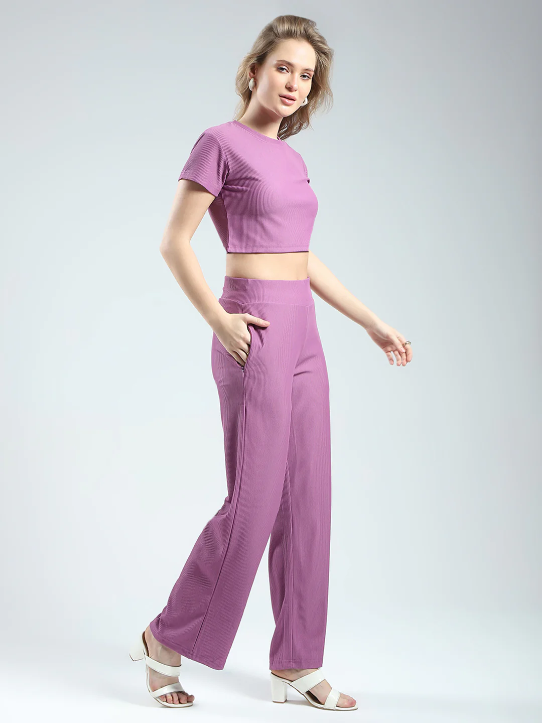 Rock.it Women Purple Solid Round Neck Half Sleeve Cords Set - Image 4
