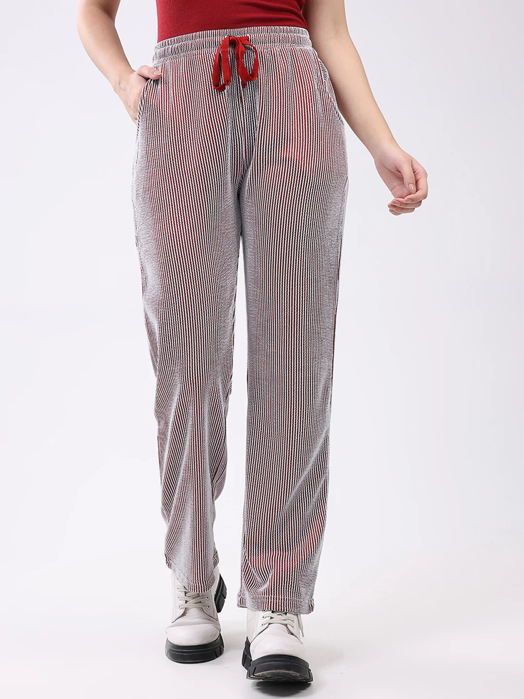 Women Red Self Design Regular Fit Winte Lower