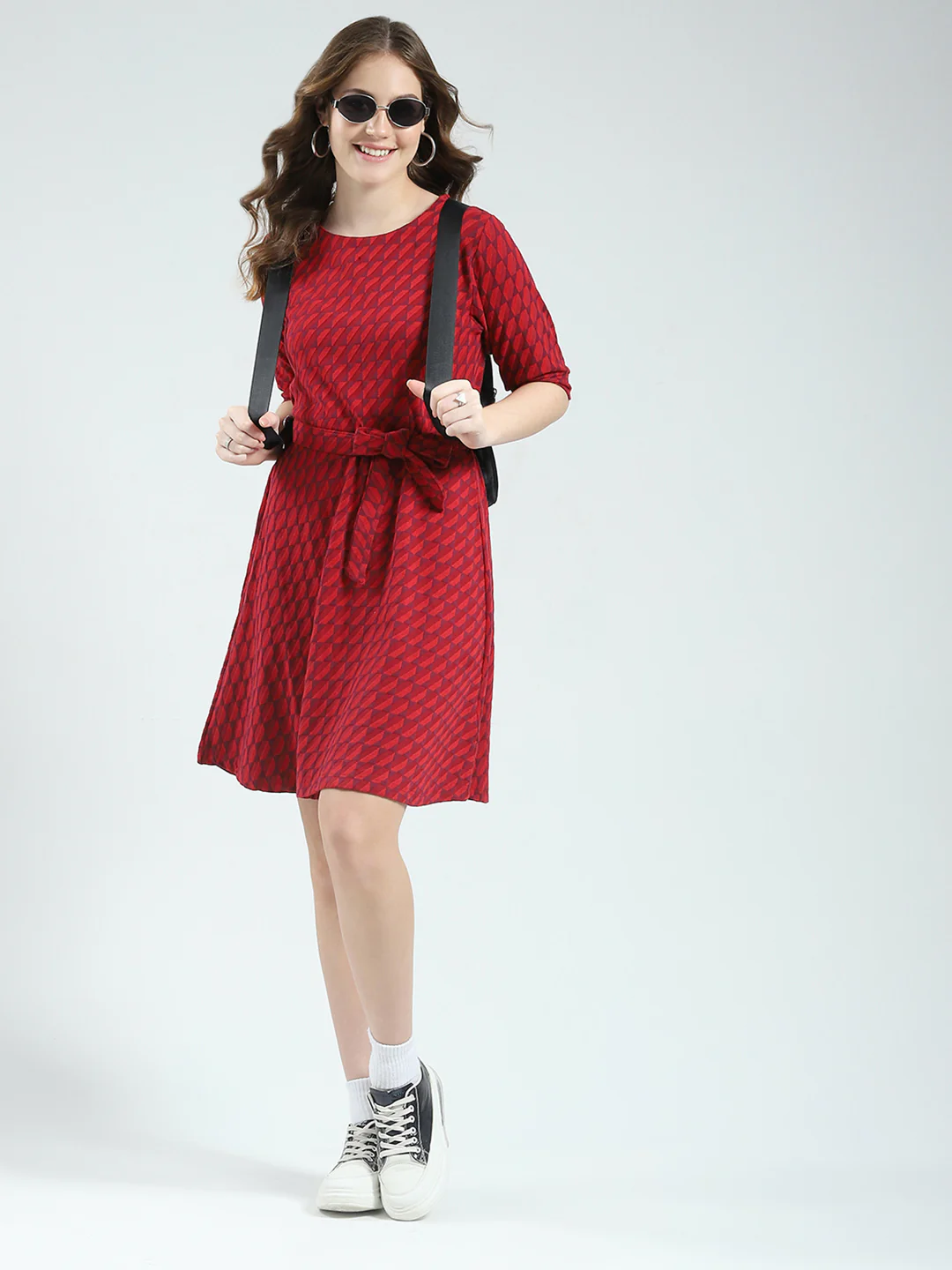 Women Red Self Design Round Neck Half Sleeve Dress - Image 2