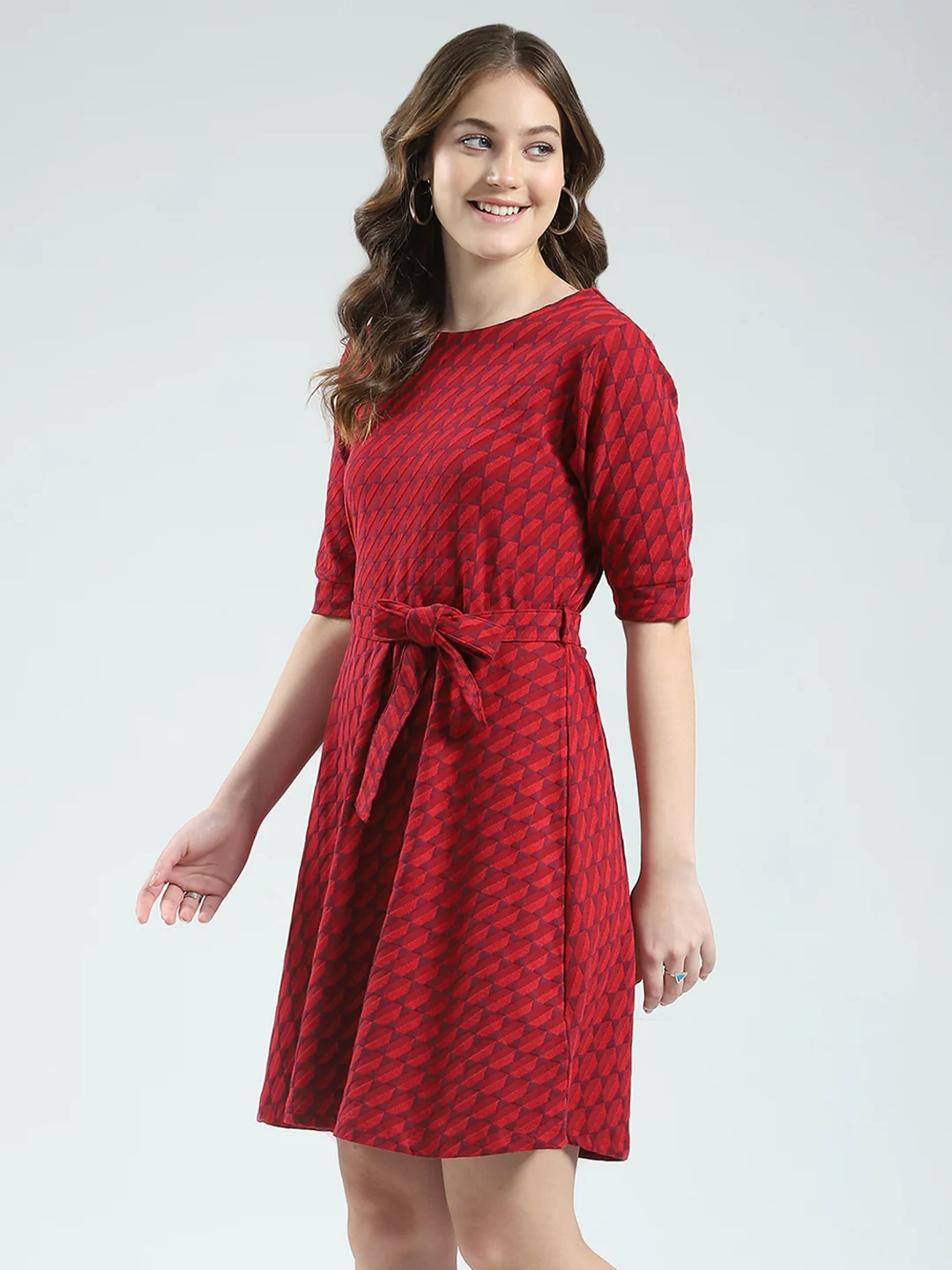 Women Red Self Design Round Neck Half Sleeve Dress - Image 3