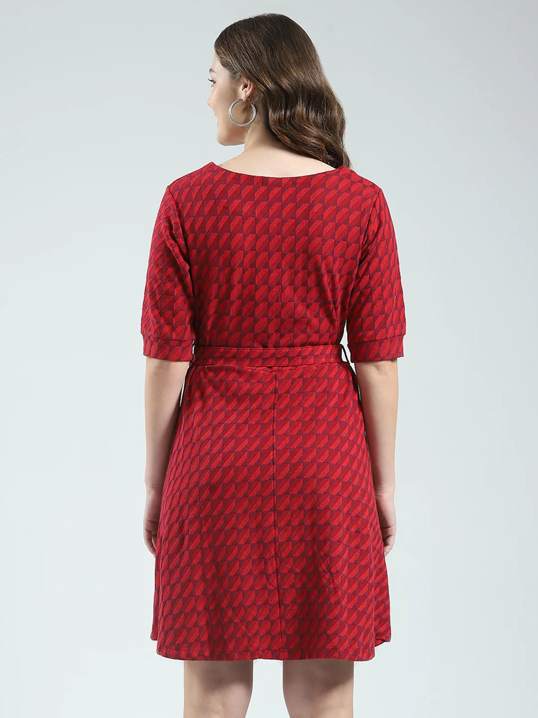 Women Red Self Design Round Neck Half Sleeve Dress - Image 5