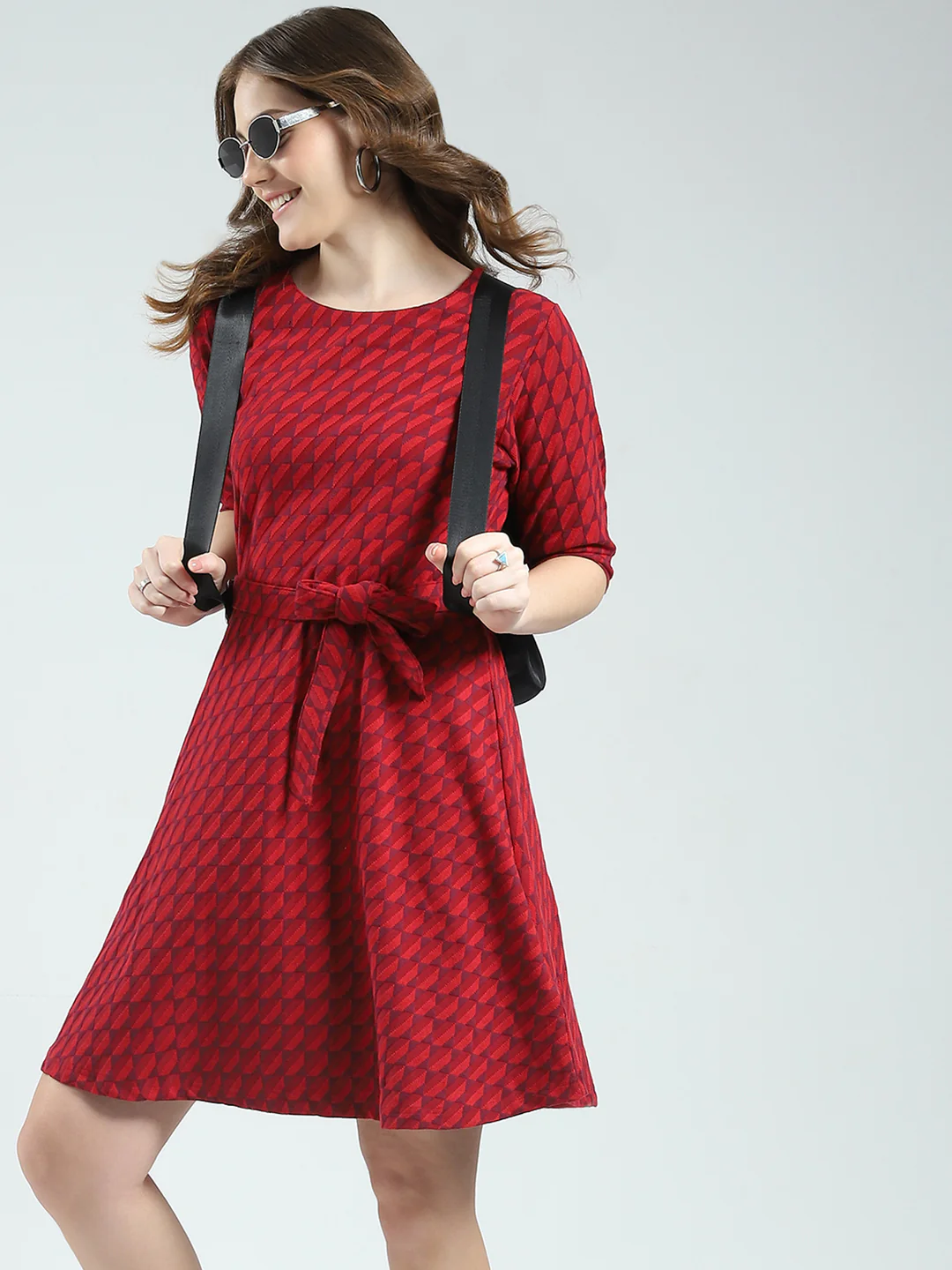 Women Red Self Design Round Neck Half Sleeve Dress - Image 6