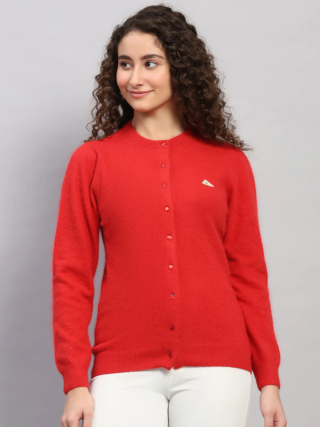 Women Red Solid Round Neck Full Sleeve Cardigan