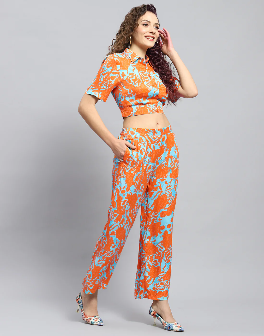 Women Rust Printed Collar Half Sleeve Cords Set - Image 4