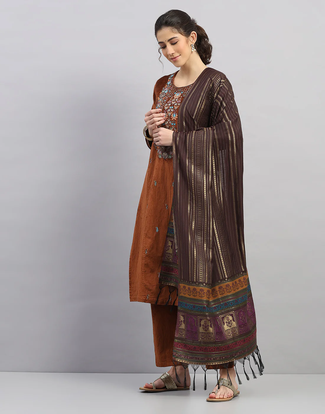 Women Rust Printed Round Neck Full Sleeve 3 Pc Kurtis Set for Winter - Image 2