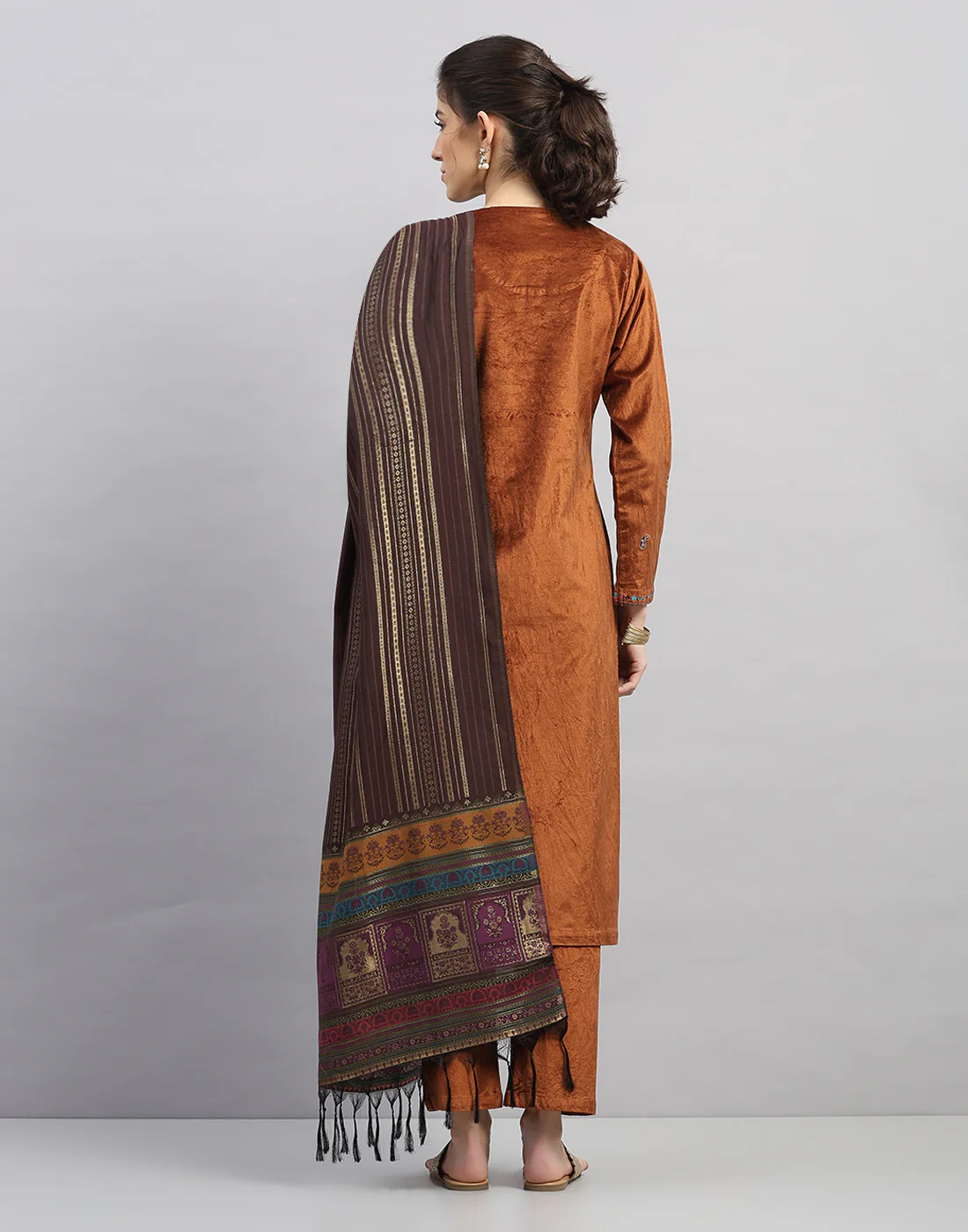 Women Rust Printed Round Neck Full Sleeve 3 Pc Kurtis Set for Winter - Image 4