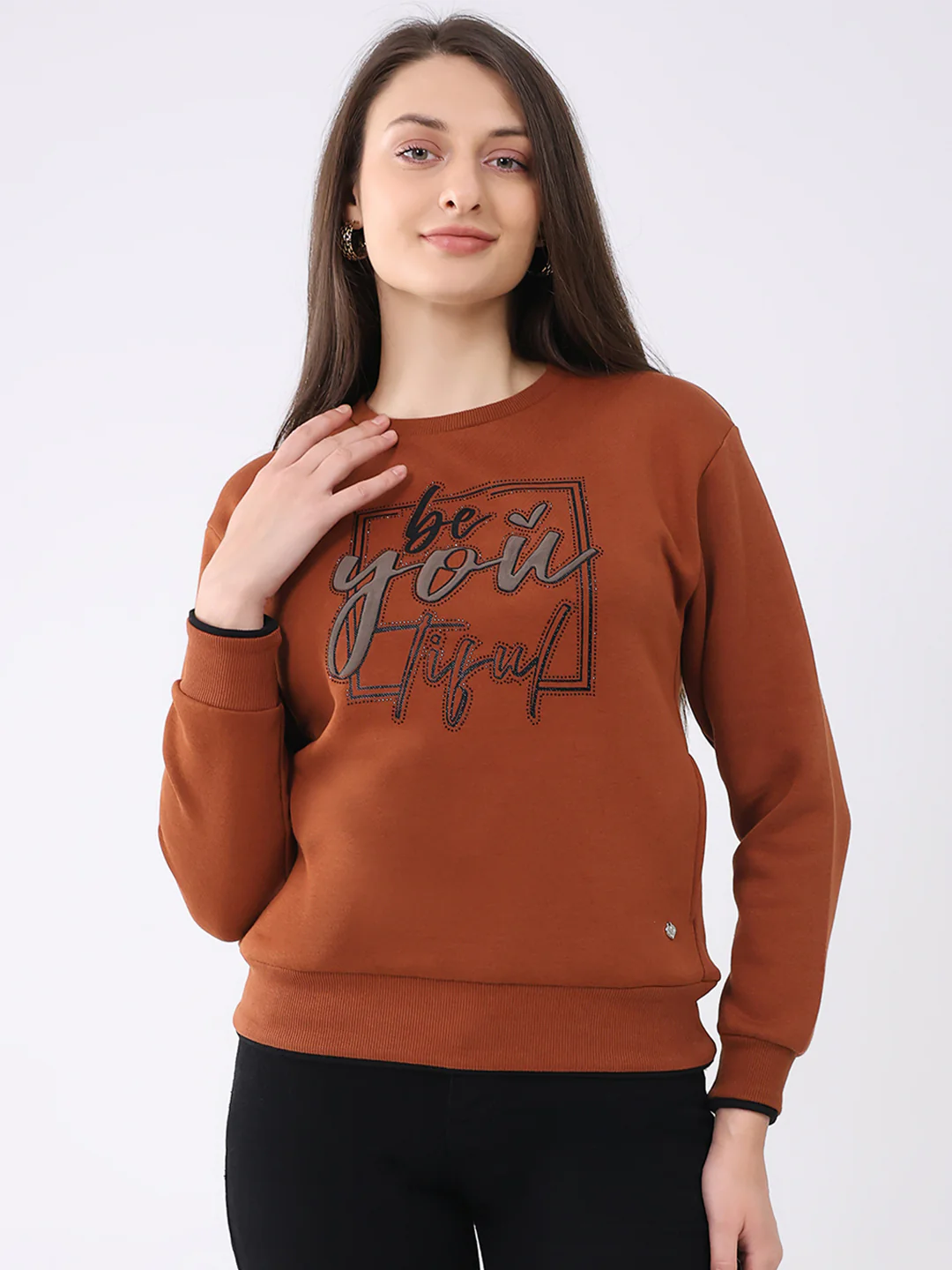 Women Rust Printed Round Neck Full Sleeve Sweatshirt