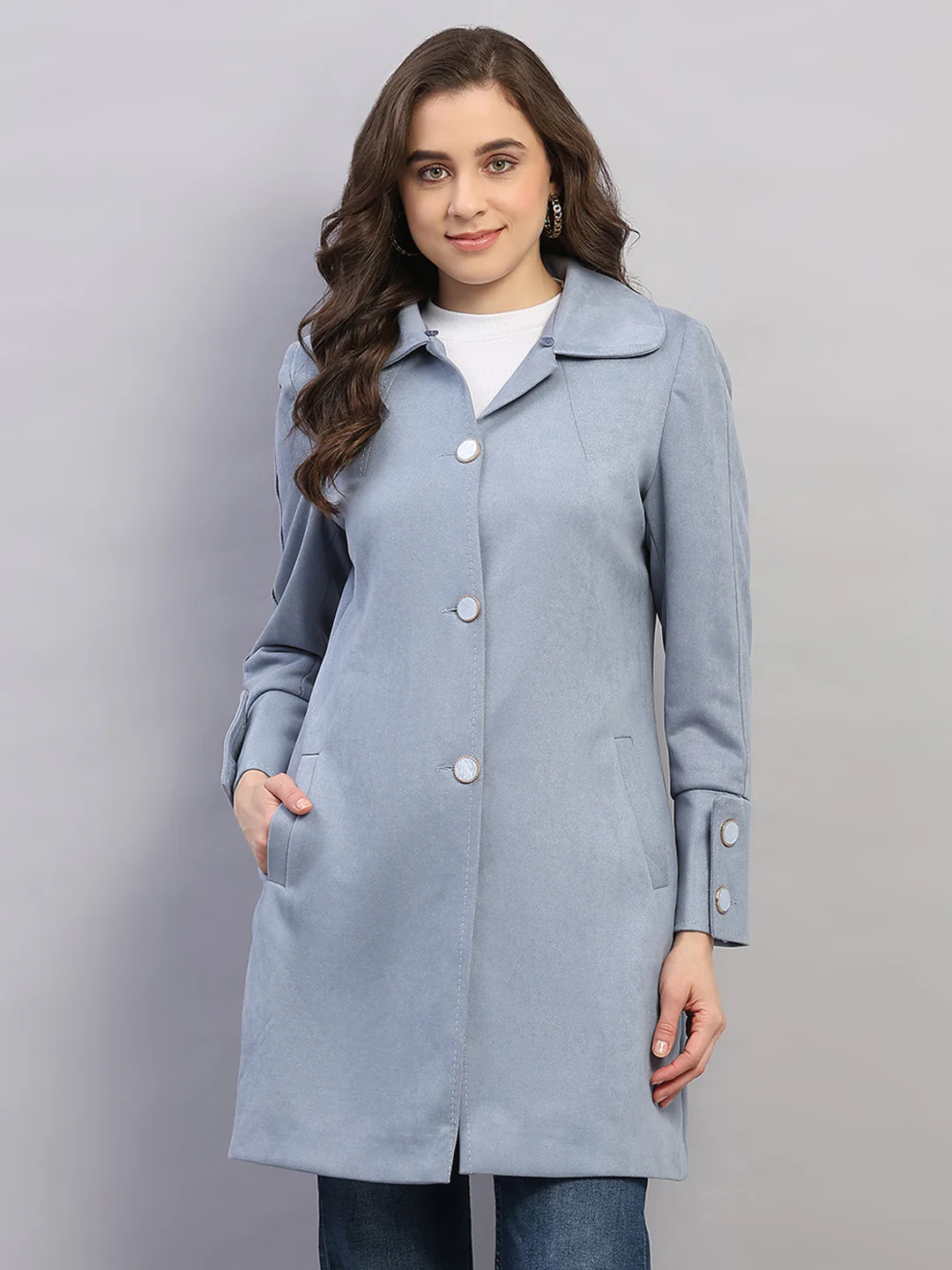 Women Sky Blue Solid Collar Full Sleeve Coat