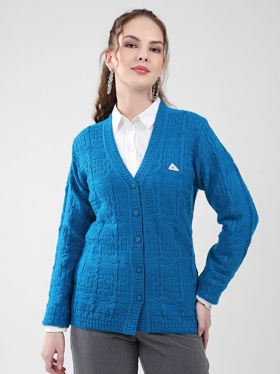 Women Teal Blue Self Design V Neck Full Sleeve Cardigan
