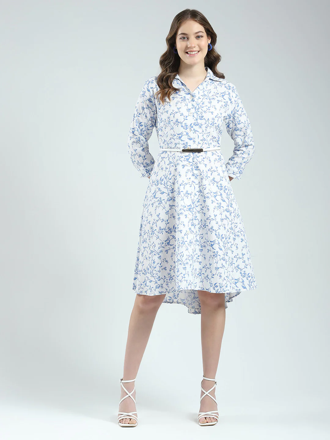 Women White Printed Round Neck 3/4th Sleeve Dress