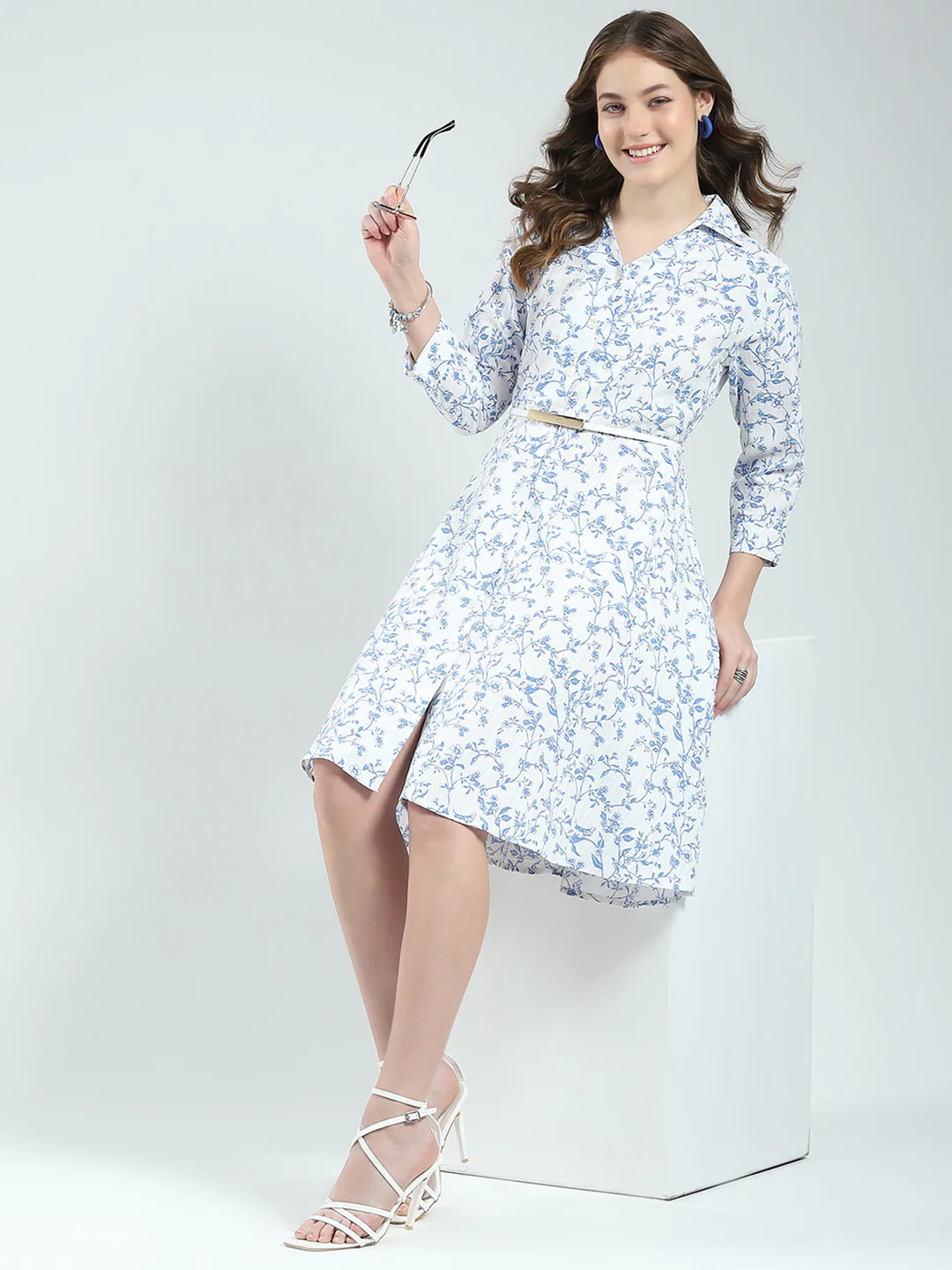 Women White Printed Round Neck 3/4th Sleeve Dress - Image 2