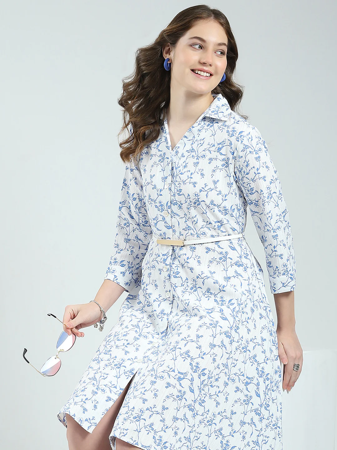 Women White Printed Round Neck 3/4th Sleeve Dress - Image 6
