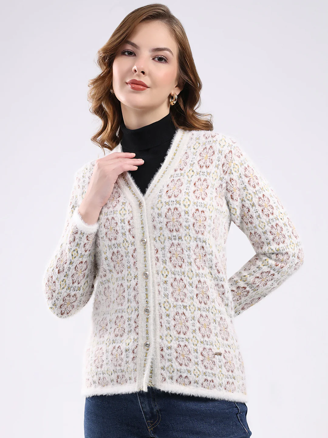 Women White Self Design V Neck Full Sleeve Cardigan