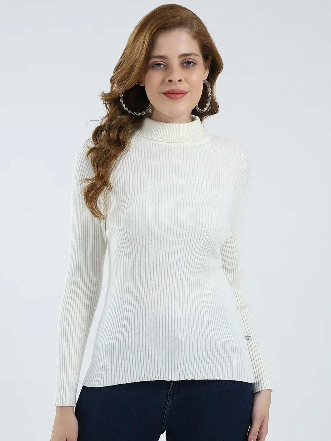 Women White Solid Turtle Neck Full Sleeve Sceavy