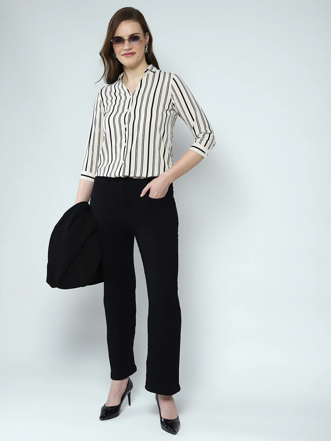 Women White Stripe Front Open 3/4th Sleeve Shirt - Image 2