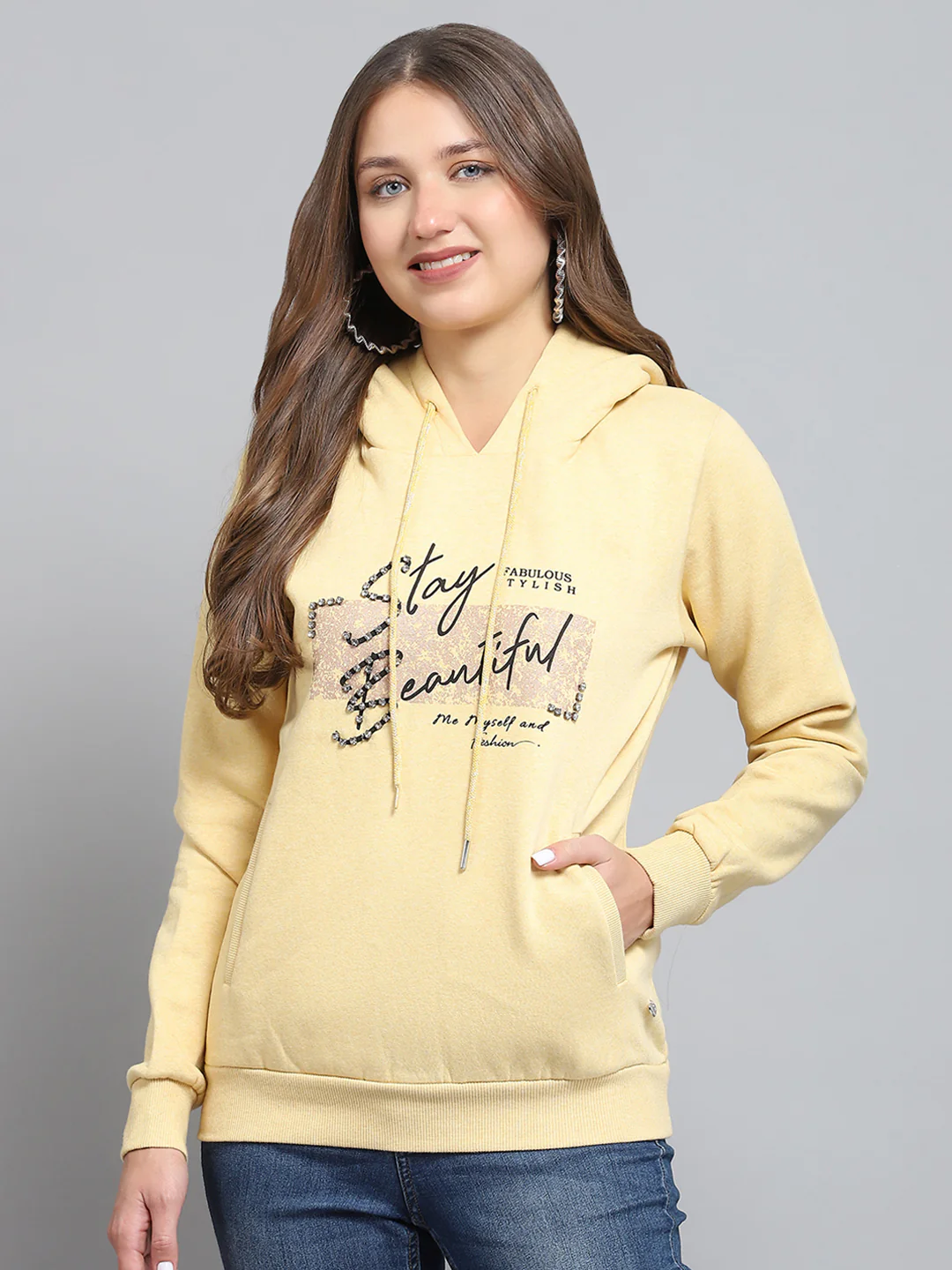 Women Yellow Printed Hooded Full Sleeve Sweatshirt